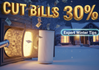 A viral, hyper-realistic YouTube thumbnail with a cozy winter home atmosphere. The background is a snow-covered Fort Wayne neighborhood at night with warm golden light glowing from house windows and subtle frost on the glass. The composition uses a low angle to focus on the main subject: a massive glowing furnace filter being pulled out and replaced with a fresh one, surrounded by floating dollar bills drifting downward like snow. The image features massive 3D typography with strict hierarchy: The Primary Text reads exactly: 'CUT BILLS 30%'. This text is massive, the largest element in the frame, rendered in molten gold chrome to look like a high-budget 3D render. The Secondary Text reads exactly: 'Expert Winter Tips'. This text is significantly smaller, positioned below the main text. It features a thick icy-blue glowing border to contrast against the background. Make sure text 2 is always different theme, style, effect and border compared to text 1. The text materials correspond to the story's concept. Crucial Instruction: There is absolutely NO other text, numbers, watermarks, or subtitles in this image other than these two specific lines. 8k, Unreal Engine 5, cinematic render