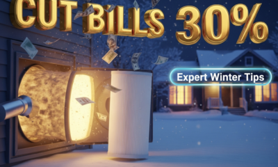 A viral, hyper-realistic YouTube thumbnail with a cozy winter home atmosphere. The background is a snow-covered Fort Wayne neighborhood at night with warm golden light glowing from house windows and subtle frost on the glass. The composition uses a low angle to focus on the main subject: a massive glowing furnace filter being pulled out and replaced with a fresh one, surrounded by floating dollar bills drifting downward like snow. The image features massive 3D typography with strict hierarchy: The Primary Text reads exactly: 'CUT BILLS 30%'. This text is massive, the largest element in the frame, rendered in molten gold chrome to look like a high-budget 3D render. The Secondary Text reads exactly: 'Expert Winter Tips'. This text is significantly smaller, positioned below the main text. It features a thick icy-blue glowing border to contrast against the background. Make sure text 2 is always different theme, style, effect and border compared to text 1. The text materials correspond to the story's concept. Crucial Instruction: There is absolutely NO other text, numbers, watermarks, or subtitles in this image other than these two specific lines. 8k, Unreal Engine 5, cinematic render