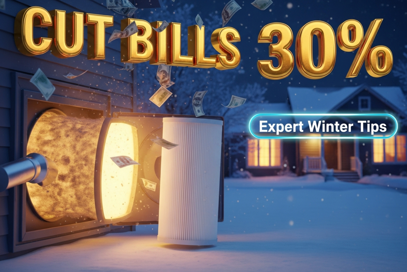 A viral, hyper-realistic YouTube thumbnail with a cozy winter home atmosphere. The background is a snow-covered Fort Wayne neighborhood at night with warm golden light glowing from house windows and subtle frost on the glass. The composition uses a low angle to focus on the main subject: a massive glowing furnace filter being pulled out and replaced with a fresh one, surrounded by floating dollar bills drifting downward like snow. The image features massive 3D typography with strict hierarchy: The Primary Text reads exactly: 'CUT BILLS 30%'. This text is massive, the largest element in the frame, rendered in molten gold chrome to look like a high-budget 3D render. The Secondary Text reads exactly: 'Expert Winter Tips'. This text is significantly smaller, positioned below the main text. It features a thick icy-blue glowing border to contrast against the background. Make sure text 2 is always different theme, style, effect and border compared to text 1. The text materials correspond to the story's concept. Crucial Instruction: There is absolutely NO other text, numbers, watermarks, or subtitles in this image other than these two specific lines. 8k, Unreal Engine 5, cinematic render