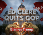 A viral, hyper-realistic YouTube thumbnail with a dramatic political rebellion atmosphere. The background is the Indiana Statehouse at dusk with storm clouds gathering and red MAGA flags whipping in high wind. The composition uses a low-angle shot to focus on the main subject: a cracked golden elephant statue splitting down the middle. The image features massive 3D typography with strict hierarchy: The Primary Text reads exactly: 'ED CLERE QUITS GOP'. This text is massive, the largest element in the frame, rendered in molten chrome with glowing cracks to look like a high-budget 3D render. The Secondary Text reads exactly: 'Blames Trump'. This text is significantly smaller, positioned below the main text. It features a thick blood-red border/outline (sticker style) to contrast against the background. Make sure text 2 is always different theme, style, effect and border compared to text 1. The text materials correspond to the story's concept. Crucial Instruction: There is absolutely NO other text, numbers, watermarks, or subtitles in this image other than these two specific lines. 8k, Unreal Engine 5, cinematic render
