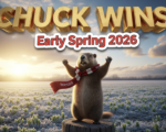 A viral, hyper-realistic YouTube thumbnail with a joyful, hopeful winter-to-spring atmosphere. The background is a frost-covered Indiana farm field at sunrise with golden light breaking through dramatic clouds and fresh green sprouts pushing through melting snow. The composition uses a dramatic low-angle shot to focus on the main subject: a majestic woodchuck standing triumphantly on his wooden stump wearing a tiny Hoosier scarf. The image features massive 3D typography with strict hierarchy: The Primary Text reads exactly: 'CHUCK WINS'. This text is massive, the largest element in the frame, rendered in gleaming gold chrome with realistic 3D extrusion and morning sunlight reflections to look like a high-budget cinematic render. The Secondary Text reads exactly: 'Early Spring 2026'. This text is significantly smaller, positioned below the main text with a bold red sticker-style outline and white fill to pop against the background. Make sure text 2 has completely different style from text 1. The text materials correspond to the story's concept. Crucial Instruction: There is absolutely NO other text, numbers, watermarks, or subtitles in this image other than these two specific lines. 8k, Unreal Engine 5, cinematic render