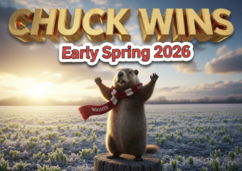 A viral, hyper-realistic YouTube thumbnail with a joyful, hopeful winter-to-spring atmosphere. The background is a frost-covered Indiana farm field at sunrise with golden light breaking through dramatic clouds and fresh green sprouts pushing through melting snow. The composition uses a dramatic low-angle shot to focus on the main subject: a majestic woodchuck standing triumphantly on his wooden stump wearing a tiny Hoosier scarf. The image features massive 3D typography with strict hierarchy: The Primary Text reads exactly: 'CHUCK WINS'. This text is massive, the largest element in the frame, rendered in gleaming gold chrome with realistic 3D extrusion and morning sunlight reflections to look like a high-budget cinematic render. The Secondary Text reads exactly: 'Early Spring 2026'. This text is significantly smaller, positioned below the main text with a bold red sticker-style outline and white fill to pop against the background. Make sure text 2 has completely different style from text 1. The text materials correspond to the story's concept. Crucial Instruction: There is absolutely NO other text, numbers, watermarks, or subtitles in this image other than these two specific lines. 8k, Unreal Engine 5, cinematic render