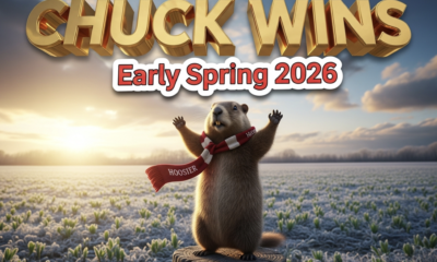 A viral, hyper-realistic YouTube thumbnail with a joyful, hopeful winter-to-spring atmosphere. The background is a frost-covered Indiana farm field at sunrise with golden light breaking through dramatic clouds and fresh green sprouts pushing through melting snow. The composition uses a dramatic low-angle shot to focus on the main subject: a majestic woodchuck standing triumphantly on his wooden stump wearing a tiny Hoosier scarf. The image features massive 3D typography with strict hierarchy: The Primary Text reads exactly: 'CHUCK WINS'. This text is massive, the largest element in the frame, rendered in gleaming gold chrome with realistic 3D extrusion and morning sunlight reflections to look like a high-budget cinematic render. The Secondary Text reads exactly: 'Early Spring 2026'. This text is significantly smaller, positioned below the main text with a bold red sticker-style outline and white fill to pop against the background. Make sure text 2 has completely different style from text 1. The text materials correspond to the story's concept. Crucial Instruction: There is absolutely NO other text, numbers, watermarks, or subtitles in this image other than these two specific lines. 8k, Unreal Engine 5, cinematic render