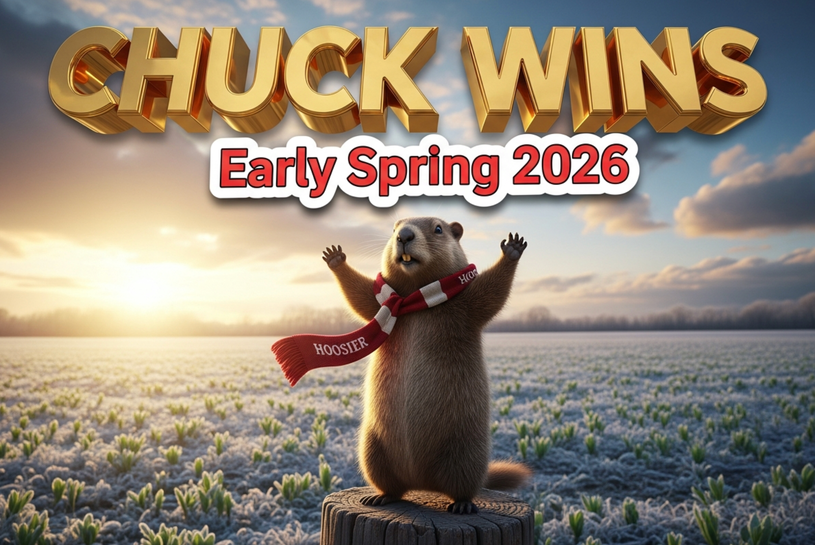 A viral, hyper-realistic YouTube thumbnail with a joyful, hopeful winter-to-spring atmosphere. The background is a frost-covered Indiana farm field at sunrise with golden light breaking through dramatic clouds and fresh green sprouts pushing through melting snow. The composition uses a dramatic low-angle shot to focus on the main subject: a majestic woodchuck standing triumphantly on his wooden stump wearing a tiny Hoosier scarf. The image features massive 3D typography with strict hierarchy: The Primary Text reads exactly: 'CHUCK WINS'. This text is massive, the largest element in the frame, rendered in gleaming gold chrome with realistic 3D extrusion and morning sunlight reflections to look like a high-budget cinematic render. The Secondary Text reads exactly: 'Early Spring 2026'. This text is significantly smaller, positioned below the main text with a bold red sticker-style outline and white fill to pop against the background. Make sure text 2 has completely different style from text 1. The text materials correspond to the story's concept. Crucial Instruction: There is absolutely NO other text, numbers, watermarks, or subtitles in this image other than these two specific lines. 8k, Unreal Engine 5, cinematic render