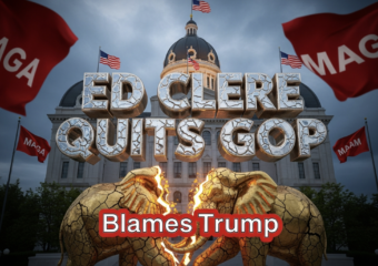 A viral, hyper-realistic YouTube thumbnail with a dramatic political rebellion atmosphere. The background is the Indiana Statehouse at dusk with storm clouds gathering and red MAGA flags whipping in high wind. The composition uses a low-angle shot to focus on the main subject: a cracked golden elephant statue splitting down the middle. The image features massive 3D typography with strict hierarchy: The Primary Text reads exactly: 'ED CLERE QUITS GOP'. This text is massive, the largest element in the frame, rendered in molten chrome with glowing cracks to look like a high-budget 3D render. The Secondary Text reads exactly: 'Blames Trump'. This text is significantly smaller, positioned below the main text. It features a thick blood-red border/outline (sticker style) to contrast against the background. Make sure text 2 is always different theme, style, effect and border compared to text 1. The text materials correspond to the story's concept. Crucial Instruction: There is absolutely NO other text, numbers, watermarks, or subtitles in this image other than these two specific lines. 8k, Unreal Engine 5, cinematic render