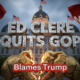 A viral, hyper-realistic YouTube thumbnail with a dramatic political rebellion atmosphere. The background is the Indiana Statehouse at dusk with storm clouds gathering and red MAGA flags whipping in high wind. The composition uses a low-angle shot to focus on the main subject: a cracked golden elephant statue splitting down the middle. The image features massive 3D typography with strict hierarchy: The Primary Text reads exactly: 'ED CLERE QUITS GOP'. This text is massive, the largest element in the frame, rendered in molten chrome with glowing cracks to look like a high-budget 3D render. The Secondary Text reads exactly: 'Blames Trump'. This text is significantly smaller, positioned below the main text. It features a thick blood-red border/outline (sticker style) to contrast against the background. Make sure text 2 is always different theme, style, effect and border compared to text 1. The text materials correspond to the story's concept. Crucial Instruction: There is absolutely NO other text, numbers, watermarks, or subtitles in this image other than these two specific lines. 8k, Unreal Engine 5, cinematic render