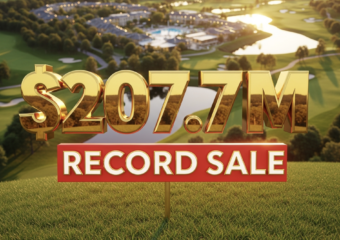 A viral, hyper-realistic YouTube thumbnail with a luxury real estate atmosphere. The background is a sweeping aerial view of the lush Canterbury Green campus at golden hour with the golf course greens glowing and swimming pools reflecting warm sunlight. The composition uses a dramatic low-angle cinematic shot to focus on the main subject: a massive, gleaming golden sold sign staked into perfect grass. The image features massive 3D typography with strict hierarchy: The Primary Text reads exactly: '$207.7M'. This text is massive, the largest element in the frame, rendered in polished gold chrome with realistic reflections to look like a high-budget 3D render. The Secondary Text reads exactly: 'RECORD SALE'. This text is significantly smaller, positioned below the main text with a bold red outline and slight glow effect to contrast against the background. Make sure text 2 is always different theme, style, effect and border compared to text 1. The text materials correspond to the story's concept. Crucial Instruction: There is absolutely NO other text, numbers, watermarks, or subtitles in this image other than these two specific lines. 8k, Unreal Engine 5, cinematic render.