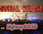 A viral, hyper-realistic YouTube thumbnail with a dramatic, high-stakes automotive tragedy atmosphere. The background is a rain-slicked Highway 6 & 50 at golden hour with twisted wreckage and flashing emergency lights cutting through smoke. The composition uses a low, dramatic camera angle to focus on the main subject: two heavily damaged sedans locked together in a head-on collision, metal crumpled and steam rising. The image features massive 3D typography with strict hierarchy: The Primary Text reads exactly: 'FATAL CRASH'. This text is massive, the largest element in the frame, rendered in molten red chrome with glowing edges to look like a high-budget 3D render. The Secondary Text reads exactly: 'Highway 6 & 50'. This text is significantly smaller, positioned below the main text with a thick white outline and red sticker-style border to pop against the chaos. The text materials correspond to the story's concept. Crucial Instruction: There is absolutely NO other text, numbers, watermarks, or subtitles in this image other than these two specific lines. 8k, Unreal Engine 5, cinematic render