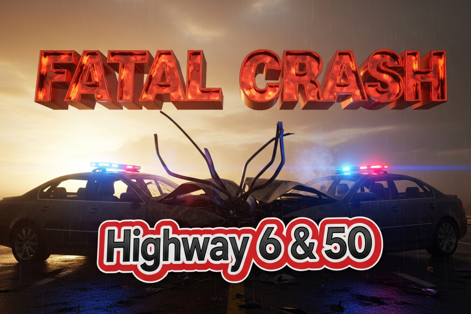 A viral, hyper-realistic YouTube thumbnail with a dramatic, high-stakes automotive tragedy atmosphere. The background is a rain-slicked Highway 6 & 50 at golden hour with twisted wreckage and flashing emergency lights cutting through smoke. The composition uses a low, dramatic camera angle to focus on the main subject: two heavily damaged sedans locked together in a head-on collision, metal crumpled and steam rising. The image features massive 3D typography with strict hierarchy: The Primary Text reads exactly: 'FATAL CRASH'. This text is massive, the largest element in the frame, rendered in molten red chrome with glowing edges to look like a high-budget 3D render. The Secondary Text reads exactly: 'Highway 6 & 50'. This text is significantly smaller, positioned below the main text with a thick white outline and red sticker-style border to pop against the chaos. The text materials correspond to the story's concept. Crucial Instruction: There is absolutely NO other text, numbers, watermarks, or subtitles in this image other than these two specific lines. 8k, Unreal Engine 5, cinematic render