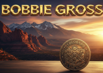 A viral, hyper-realistic YouTube thumbnail with a bold patriotic Colorado atmosphere. The background is a dramatic Western Slope sunset over red rock mesas and snow-capped peaks with golden dramatic lighting. The composition uses a low-angle heroic shot to focus on the main subject: a large, polished bronze Colorado state seal glowing on a wooden desk. The image features massive 3D typography with strict hierarchy: The Primary Text reads exactly: 'BOBBIE GROSS'. This text is massive, the largest element in the frame, rendered in molten gold chrome to look like a high-budget 3D render. The Secondary Text reads exactly: 'NEW WESTERN CHAIR'. This text is significantly smaller, positioned below the main text with a thick white outline and red sticker-style border to contrast against the sunset sky. The text materials correspond to the story's concept. Crucial Instruction: There is absolutely NO other text, numbers, watermarks, or subtitles in this image other than these two specific lines. 8k, Unreal Engine 5, cinematic render