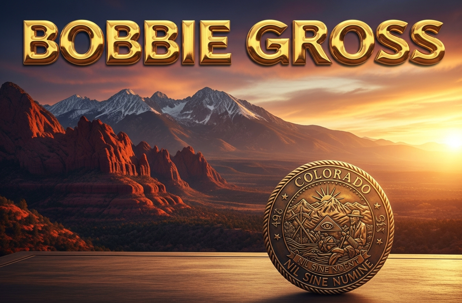 A viral, hyper-realistic YouTube thumbnail with a bold patriotic Colorado atmosphere. The background is a dramatic Western Slope sunset over red rock mesas and snow-capped peaks with golden dramatic lighting. The composition uses a low-angle heroic shot to focus on the main subject: a large, polished bronze Colorado state seal glowing on a wooden desk. The image features massive 3D typography with strict hierarchy: The Primary Text reads exactly: 'BOBBIE GROSS'. This text is massive, the largest element in the frame, rendered in molten gold chrome to look like a high-budget 3D render. The Secondary Text reads exactly: 'NEW WESTERN CHAIR'. This text is significantly smaller, positioned below the main text with a thick white outline and red sticker-style border to contrast against the sunset sky. The text materials correspond to the story's concept. Crucial Instruction: There is absolutely NO other text, numbers, watermarks, or subtitles in this image other than these two specific lines. 8k, Unreal Engine 5, cinematic render