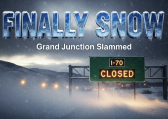 A viral, hyper-realistic YouTube thumbnail with a dramatic winter storm atmosphere. The background is a dark, brooding sky over a snow-covered Grand Mesa at dusk with heavy snow blowing sideways across the frame and streetlights glowing through the blizzard on the horizon. The composition uses a low-angle cinematic shot to focus on the main subject: a massive illuminated highway sign reading "I-70 CLOSED". The image features massive 3D typography with strict hierarchy: The Primary Text reads exactly: 'FINALLY SNOW'. This text is massive, the largest element in the frame, rendered in icy blue chrome with frost and snow accumulation to look like a high-budget 3D render. The Secondary Text reads exactly: 'Grand Junction Slammed'. This text is significantly smaller, positioned below the main text with a bold red outline and glowing edge effect. 8k, Unreal Engine 5, cinematic render