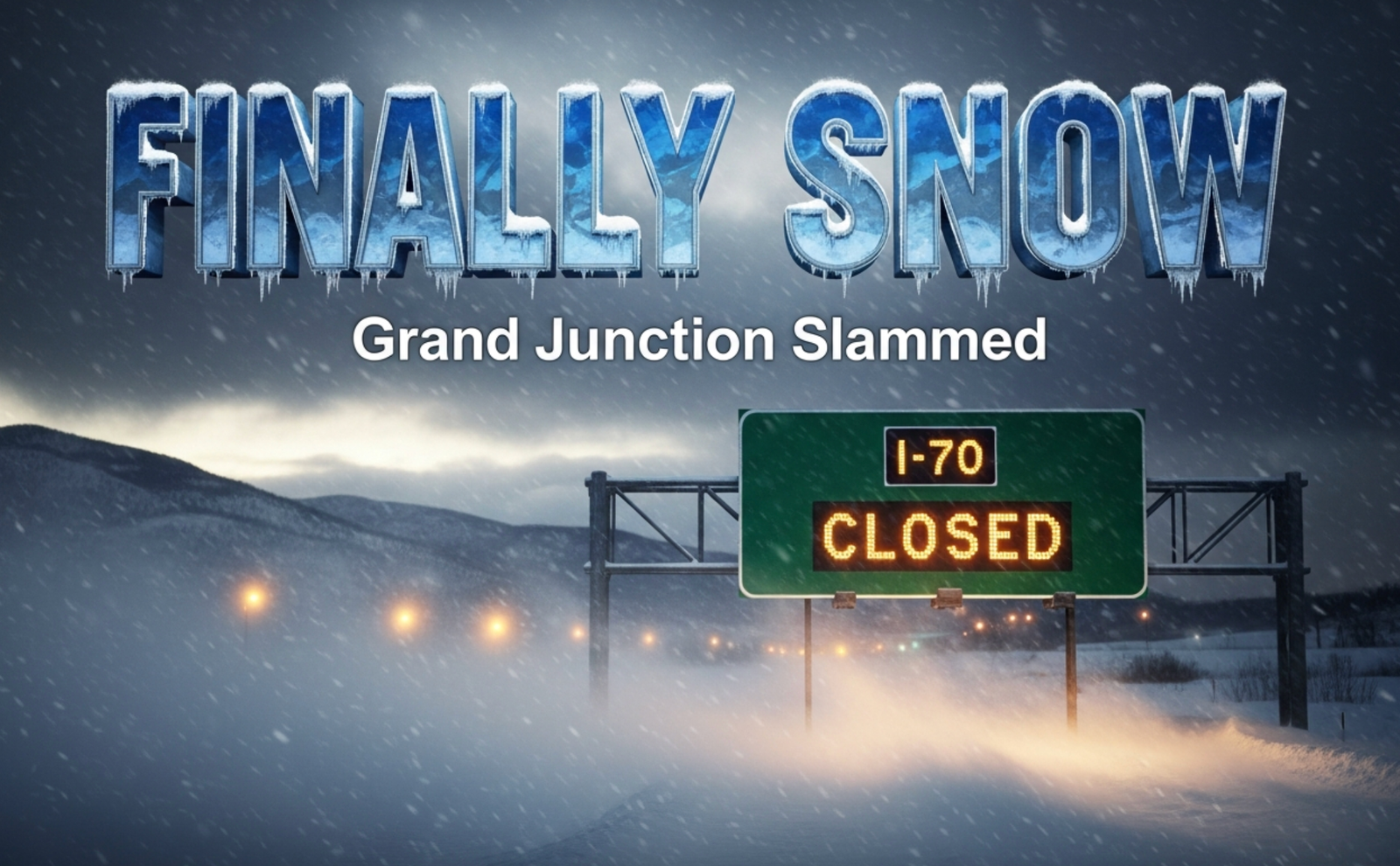 A viral, hyper-realistic YouTube thumbnail with a dramatic winter storm atmosphere. The background is a dark, brooding sky over a snow-covered Grand Mesa at dusk with heavy snow blowing sideways across the frame and streetlights glowing through the blizzard on the horizon. The composition uses a low-angle cinematic shot to focus on the main subject: a massive illuminated highway sign reading "I-70 CLOSED". The image features massive 3D typography with strict hierarchy: The Primary Text reads exactly: 'FINALLY SNOW'. This text is massive, the largest element in the frame, rendered in icy blue chrome with frost and snow accumulation to look like a high-budget 3D render. The Secondary Text reads exactly: 'Grand Junction Slammed'. This text is significantly smaller, positioned below the main text with a bold red outline and glowing edge effect. 8k, Unreal Engine 5, cinematic render