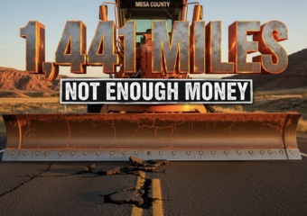 A viral, hyper-realistic YouTube thumbnail with a rugged Western Colorado atmosphere. The background is a cracked, sun-baked rural highway stretching into red rock mesas at golden hour with dramatic long shadows. The composition uses a low-angle worm’s-eye view to focus on the main subject: a massive, battle-worn orange Mesa County road grader blade cracked and chipped from years of service. The image features massive 3D typography with strict hierarchy: The Primary Text reads exactly: '1,441 MILES'. This text is massive, the largest element in the frame, rendered in weathered rusted steel with glowing orange molten edges like fresh asphalt. The Secondary Text reads exactly: 'NOT ENOUGH MONEY'. This text is significantly smaller, positioned below the main text with a thick white chalk-style border and cracked texture to contrast against the dark road. The text materials correspond to the story's concept. Crucial Instruction: There is absolutely NO other text, numbers, watermarks, or subtitles in this image other than these two specific lines. 8k, Unreal Engine 5, cinematic render