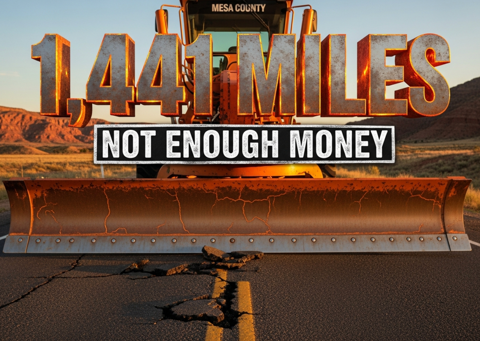 A viral, hyper-realistic YouTube thumbnail with a rugged Western Colorado atmosphere. The background is a cracked, sun-baked rural highway stretching into red rock mesas at golden hour with dramatic long shadows. The composition uses a low-angle worm’s-eye view to focus on the main subject: a massive, battle-worn orange Mesa County road grader blade cracked and chipped from years of service. The image features massive 3D typography with strict hierarchy: The Primary Text reads exactly: '1,441 MILES'. This text is massive, the largest element in the frame, rendered in weathered rusted steel with glowing orange molten edges like fresh asphalt. The Secondary Text reads exactly: 'NOT ENOUGH MONEY'. This text is significantly smaller, positioned below the main text with a thick white chalk-style border and cracked texture to contrast against the dark road. The text materials correspond to the story's concept. Crucial Instruction: There is absolutely NO other text, numbers, watermarks, or subtitles in this image other than these two specific lines. 8k, Unreal Engine 5, cinematic render