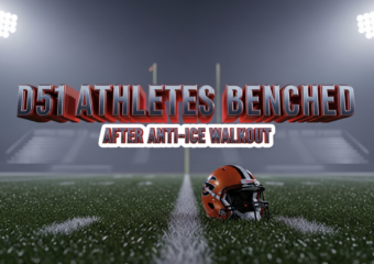 A viral, hyper-realistic YouTube thumbnail with a tense, red-and-blue-lit stadium atmosphere. The background is a dark Western Colorado Friday night football field under floodlights with empty bleachers and a cold mist rolling in. The composition uses a dramatic low angle to focus on the main subject: a lone orange-and-black football helmet sitting abandoned on the 50-yard line, dew on the grass, stadium lights casting long shadows. The image features massive 3D typography with strict hierarchy: The Primary Text reads exactly: 'D51 ATHLETES BENCHED'. This text is massive, the largest element in the frame, rendered in cold chrome metal with glowing red edges like heated steel. The Secondary Text reads exactly: 'AFTER ANTI-ICE WALKOUT'. This text is significantly smaller, positioned below the main text with a thick white outline and black sticker-style border to pop against the dark field. 8k, Unreal Engine 5, cinematic render