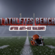 A viral, hyper-realistic YouTube thumbnail with a tense, red-and-blue-lit stadium atmosphere. The background is a dark Western Colorado Friday night football field under floodlights with empty bleachers and a cold mist rolling in. The composition uses a dramatic low angle to focus on the main subject: a lone orange-and-black football helmet sitting abandoned on the 50-yard line, dew on the grass, stadium lights casting long shadows. The image features massive 3D typography with strict hierarchy: The Primary Text reads exactly: 'D51 ATHLETES BENCHED'. This text is massive, the largest element in the frame, rendered in cold chrome metal with glowing red edges like heated steel. The Secondary Text reads exactly: 'AFTER ANTI-ICE WALKOUT'. This text is significantly smaller, positioned below the main text with a thick white outline and black sticker-style border to pop against the dark field. 8k, Unreal Engine 5, cinematic render
