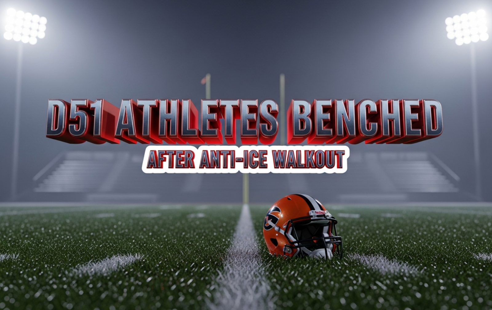 A viral, hyper-realistic YouTube thumbnail with a tense, red-and-blue-lit stadium atmosphere. The background is a dark Western Colorado Friday night football field under floodlights with empty bleachers and a cold mist rolling in. The composition uses a dramatic low angle to focus on the main subject: a lone orange-and-black football helmet sitting abandoned on the 50-yard line, dew on the grass, stadium lights casting long shadows. The image features massive 3D typography with strict hierarchy: The Primary Text reads exactly: 'D51 ATHLETES BENCHED'. This text is massive, the largest element in the frame, rendered in cold chrome metal with glowing red edges like heated steel. The Secondary Text reads exactly: 'AFTER ANTI-ICE WALKOUT'. This text is significantly smaller, positioned below the main text with a thick white outline and black sticker-style border to pop against the dark field. 8k, Unreal Engine 5, cinematic render