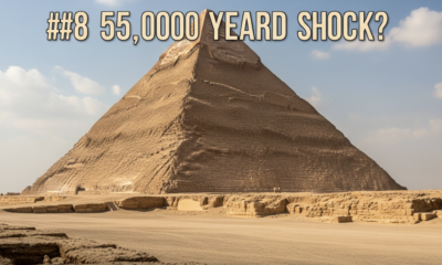 A viral, hyper-realistic YouTube thumbnail with a mysterious ancient desert atmosphere. The background is the Giza plateau at dramatic golden hour with faint heat haze and blowing sand. The composition uses a low-angle cinematic shot to focus on the main subject: a massively eroded limestone block in the foreground with the Great Pyramid looming behind it. The image features massive 3D typography with strict hierarchy: The Primary Text reads exactly: '25,000 YEARS OLD?'. This text is massive, the largest element in the frame, rendered in cracked ancient stone material with glowing golden edges like sunlight hitting worn limestone. The Secondary Text reads exactly: 'Pyramid Shock'. This text is significantly smaller, positioned below the main text with a thick red warning-style outline and subtle motion blur effect. The text materials correspond to the story's concept. Crucial Instruction: There is absolutely NO other text, numbers, watermarks, or subtitles in this image other than these two specific lines. 8k, Unreal Engine 5, cinematic render.