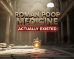 A viral, hyper-realistic YouTube thumbnail with a mysterious archaeological atmosphere. The background is a dimly lit ancient Roman bath ruin at golden hour, dust particles floating in dramatic sun rays cutting through stone arches. The composition uses a low-angle macro shot to focus on the main subject: a delicate, perfectly preserved ancient glass unguentarium floating slightly above cracked marble, glowing from within with an eerie amber light. The image features massive 3D typography with strict hierarchy: The Primary Text reads exactly: 'ROMAN POOP MEDICINE'. This text is massive, the largest element in the frame, rendered in weathered bronze with real-time patina and subtle cracking to look like a high-budget 3D render. The Secondary Text reads exactly: 'ACTUALLY EXISTED'. This text is significantly smaller, positioned below the main text with a thick, glowing red outline sticker style to contrast against the ancient stone. The text materials correspond to the story's concept. Crucial Instruction: There is absolutely NO other text, numbers, watermarks, or subtitles in this image other than these two specific lines. 8k, Unreal Engine 5, cinematic render.