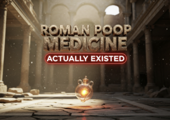 A viral, hyper-realistic YouTube thumbnail with a mysterious archaeological atmosphere. The background is a dimly lit ancient Roman bath ruin at golden hour, dust particles floating in dramatic sun rays cutting through stone arches. The composition uses a low-angle macro shot to focus on the main subject: a delicate, perfectly preserved ancient glass unguentarium floating slightly above cracked marble, glowing from within with an eerie amber light. The image features massive 3D typography with strict hierarchy: The Primary Text reads exactly: 'ROMAN POOP MEDICINE'. This text is massive, the largest element in the frame, rendered in weathered bronze with real-time patina and subtle cracking to look like a high-budget 3D render. The Secondary Text reads exactly: 'ACTUALLY EXISTED'. This text is significantly smaller, positioned below the main text with a thick, glowing red outline sticker style to contrast against the ancient stone. The text materials correspond to the story's concept. Crucial Instruction: There is absolutely NO other text, numbers, watermarks, or subtitles in this image other than these two specific lines. 8k, Unreal Engine 5, cinematic render.
