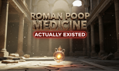A viral, hyper-realistic YouTube thumbnail with a mysterious archaeological atmosphere. The background is a dimly lit ancient Roman bath ruin at golden hour, dust particles floating in dramatic sun rays cutting through stone arches. The composition uses a low-angle macro shot to focus on the main subject: a delicate, perfectly preserved ancient glass unguentarium floating slightly above cracked marble, glowing from within with an eerie amber light. The image features massive 3D typography with strict hierarchy: The Primary Text reads exactly: 'ROMAN POOP MEDICINE'. This text is massive, the largest element in the frame, rendered in weathered bronze with real-time patina and subtle cracking to look like a high-budget 3D render. The Secondary Text reads exactly: 'ACTUALLY EXISTED'. This text is significantly smaller, positioned below the main text with a thick, glowing red outline sticker style to contrast against the ancient stone. The text materials correspond to the story's concept. Crucial Instruction: There is absolutely NO other text, numbers, watermarks, or subtitles in this image other than these two specific lines. 8k, Unreal Engine 5, cinematic render.