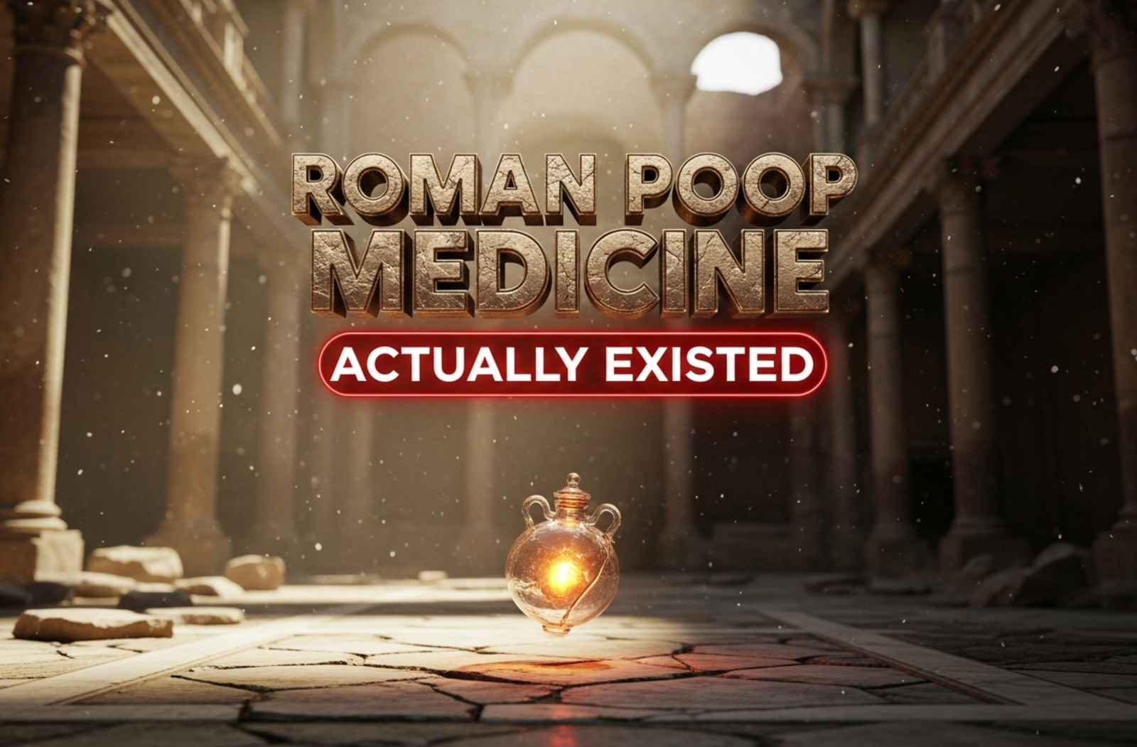 A viral, hyper-realistic YouTube thumbnail with a mysterious archaeological atmosphere. The background is a dimly lit ancient Roman bath ruin at golden hour, dust particles floating in dramatic sun rays cutting through stone arches. The composition uses a low-angle macro shot to focus on the main subject: a delicate, perfectly preserved ancient glass unguentarium floating slightly above cracked marble, glowing from within with an eerie amber light. The image features massive 3D typography with strict hierarchy: The Primary Text reads exactly: 'ROMAN POOP MEDICINE'. This text is massive, the largest element in the frame, rendered in weathered bronze with real-time patina and subtle cracking to look like a high-budget 3D render. The Secondary Text reads exactly: 'ACTUALLY EXISTED'. This text is significantly smaller, positioned below the main text with a thick, glowing red outline sticker style to contrast against the ancient stone. The text materials correspond to the story's concept. Crucial Instruction: There is absolutely NO other text, numbers, watermarks, or subtitles in this image other than these two specific lines. 8k, Unreal Engine 5, cinematic render.