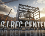 A viral, hyper-realistic YouTube thumbnail with a bold, energetic construction site atmosphere. The background is a massive active job site at golden hour with Grand Junction red rock mountains behind, cranes lifting steel beams, workers in hard hats, warm dramatic sunlight cutting through dust clouds. The composition uses a dramatic low-angle shot looking up to emphasize scale and power on the main subject: a huge gleaming steel framework of the future recreation center rising from the ground. The image features massive 3D typography with strict hierarchy: The Primary Text reads exactly: 'GJ REC CENTER'. This text is massive, the largest element in the frame, rendered in polished chrome with realistic reflections and edge glow to look like a high-budget 3D render. The Secondary Text reads exactly: 'OPENING 2026'. This text is significantly smaller, positioned below the main text with thick orange outline and subtle motion blur effect to contrast against the sky. The text materials correspond to the story's concept. Crucial Instruction: There is absolutely NO other text, numbers, watermarks, or subtitles in this image other than these two specific lines. 8k, Unreal Engine 5, cinematic render.