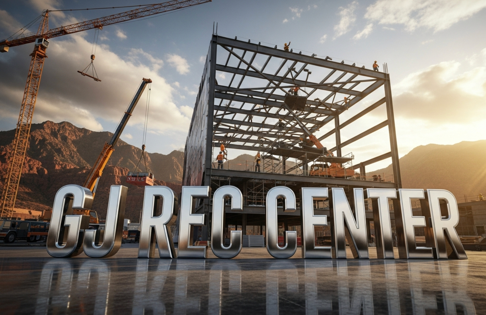A viral, hyper-realistic YouTube thumbnail with a bold, energetic construction site atmosphere. The background is a massive active job site at golden hour with Grand Junction red rock mountains behind, cranes lifting steel beams, workers in hard hats, warm dramatic sunlight cutting through dust clouds. The composition uses a dramatic low-angle shot looking up to emphasize scale and power on the main subject: a huge gleaming steel framework of the future recreation center rising from the ground. The image features massive 3D typography with strict hierarchy: The Primary Text reads exactly: 'GJ REC CENTER'. This text is massive, the largest element in the frame, rendered in polished chrome with realistic reflections and edge glow to look like a high-budget 3D render. The Secondary Text reads exactly: 'OPENING 2026'. This text is significantly smaller, positioned below the main text with thick orange outline and subtle motion blur effect to contrast against the sky. The text materials correspond to the story's concept. Crucial Instruction: There is absolutely NO other text, numbers, watermarks, or subtitles in this image other than these two specific lines. 8k, Unreal Engine 5, cinematic render.