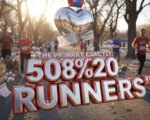A viral, hyper-realistic YouTube thumbnail with a warm, romantic small-town winter vibe. The background is the sunlit Fruita Colorado riverfront trail system in February with red running shirts everywhere and happy dogs on leashes, soft golden morning light streaming through cottonwood trees. The composition uses a wide, slightly low angle to show energy and community. The main subject: a shiny chrome heart-shaped finish line medal hanging in mid-air with adoption papers and dog paws visible around it. The image features massive 3D typography with strict hierarchy: The Primary Text reads exactly: '508 RUNNERS'. This text is massive, rendered in polished chrome with red glowing edges like a premium medal. The Secondary Text reads exactly: 'RECORD BROKEN'. This text is smaller, positioned below with thick white outline and red sticker-style border. The text materials correspond to the story's concept. Crucial Instruction: There is absolutely NO other text, numbers, watermarks, or subtitles in this image other than these two specific lines. 8k, Unreal Engine 5, cinematic render.