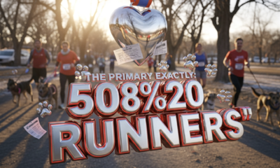 A viral, hyper-realistic YouTube thumbnail with a warm, romantic small-town winter vibe. The background is the sunlit Fruita Colorado riverfront trail system in February with red running shirts everywhere and happy dogs on leashes, soft golden morning light streaming through cottonwood trees. The composition uses a wide, slightly low angle to show energy and community. The main subject: a shiny chrome heart-shaped finish line medal hanging in mid-air with adoption papers and dog paws visible around it. The image features massive 3D typography with strict hierarchy: The Primary Text reads exactly: '508 RUNNERS'. This text is massive, rendered in polished chrome with red glowing edges like a premium medal. The Secondary Text reads exactly: 'RECORD BROKEN'. This text is smaller, positioned below with thick white outline and red sticker-style border. The text materials correspond to the story's concept. Crucial Instruction: There is absolutely NO other text, numbers, watermarks, or subtitles in this image other than these two specific lines. 8k, Unreal Engine 5, cinematic render.