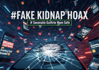 A viral, hyper-realistic YouTube thumbnail with a dark, dramatic social media misinformation atmosphere. The background is a chaotic Facebook feed at night with glowing phone screens showing fake news headlines and crying emojis, deep blue and red emergency lighting. The composition uses a dramatic low angle to focus on the main subject: a cracked smartphone screen displaying the fake plea video. The image features massive 3D typography with strict hierarchy: The Primary Text reads exactly: 'FAKE KIDNAP HOAX'. This text is massive, the largest element in the frame, rendered in shattered glass material to look like a high-budget 3D render. The Secondary Text reads exactly: 'Savannah Guthrie Mom Safe'. This text is significantly smaller, positioned below the main text. It features a thick, glowing green border/outline to contrast against the background. Make sure text 2 is always different theme, style, effect and border compared to text 1. The text materials correspond to the story's concept. Crucial Instruction: There is absolutely NO other text, numbers, watermarks, or subtitles in this image other than these two specific lines. 8k, Unreal Engine 5, cinematic render