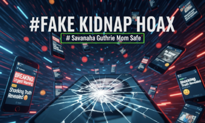 A viral, hyper-realistic YouTube thumbnail with a dark, dramatic social media misinformation atmosphere. The background is a chaotic Facebook feed at night with glowing phone screens showing fake news headlines and crying emojis, deep blue and red emergency lighting. The composition uses a dramatic low angle to focus on the main subject: a cracked smartphone screen displaying the fake plea video. The image features massive 3D typography with strict hierarchy: The Primary Text reads exactly: 'FAKE KIDNAP HOAX'. This text is massive, the largest element in the frame, rendered in shattered glass material to look like a high-budget 3D render. The Secondary Text reads exactly: 'Savannah Guthrie Mom Safe'. This text is significantly smaller, positioned below the main text. It features a thick, glowing green border/outline to contrast against the background. Make sure text 2 is always different theme, style, effect and border compared to text 1. The text materials correspond to the story's concept. Crucial Instruction: There is absolutely NO other text, numbers, watermarks, or subtitles in this image other than these two specific lines. 8k, Unreal Engine 5, cinematic render