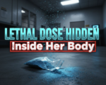 A viral, hyper-realistic YouTube thumbnail with a dark, high-stakes crime atmosphere. The background is the cold, clinical interior of a jail processing room with harsh fluorescent lighting casting long shadows and a faint blue glow from a body scanner screen. The composition uses a dramatic low-angle shot to focus on the main subject: a torn plastic baggie spilling bright blue-tinted fentanyl powder across a concrete floor, with scattered powder particles floating in the air like deadly dust. The image features massive 3D typography with strict hierarchy: The Primary Text reads exactly: 'LETHAL DOSE HIDDEN'. This text is massive, the largest element in the frame, rendered in glowing toxic cyan chrome with subtle particle effects to look like a high-budget 3D render. The Secondary Text reads exactly: 'Inside Her Body'. This text is significantly smaller, positioned below the main text with a thick, warning-red outline border in distressed sticker style. The text materials correspond to the story's concept. Crucial Instruction: There is absolutely NO other text, numbers, watermarks, or subtitles in this image other than these two specific lines. 8k, Unreal Engine 5, cinematic render.