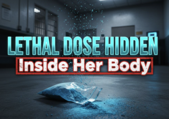 A viral, hyper-realistic YouTube thumbnail with a dark, high-stakes crime atmosphere. The background is the cold, clinical interior of a jail processing room with harsh fluorescent lighting casting long shadows and a faint blue glow from a body scanner screen. The composition uses a dramatic low-angle shot to focus on the main subject: a torn plastic baggie spilling bright blue-tinted fentanyl powder across a concrete floor, with scattered powder particles floating in the air like deadly dust. The image features massive 3D typography with strict hierarchy: The Primary Text reads exactly: 'LETHAL DOSE HIDDEN'. This text is massive, the largest element in the frame, rendered in glowing toxic cyan chrome with subtle particle effects to look like a high-budget 3D render. The Secondary Text reads exactly: 'Inside Her Body'. This text is significantly smaller, positioned below the main text with a thick, warning-red outline border in distressed sticker style. The text materials correspond to the story's concept. Crucial Instruction: There is absolutely NO other text, numbers, watermarks, or subtitles in this image other than these two specific lines. 8k, Unreal Engine 5, cinematic render.