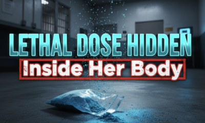 A viral, hyper-realistic YouTube thumbnail with a dark, high-stakes crime atmosphere. The background is the cold, clinical interior of a jail processing room with harsh fluorescent lighting casting long shadows and a faint blue glow from a body scanner screen. The composition uses a dramatic low-angle shot to focus on the main subject: a torn plastic baggie spilling bright blue-tinted fentanyl powder across a concrete floor, with scattered powder particles floating in the air like deadly dust. The image features massive 3D typography with strict hierarchy: The Primary Text reads exactly: 'LETHAL DOSE HIDDEN'. This text is massive, the largest element in the frame, rendered in glowing toxic cyan chrome with subtle particle effects to look like a high-budget 3D render. The Secondary Text reads exactly: 'Inside Her Body'. This text is significantly smaller, positioned below the main text with a thick, warning-red outline border in distressed sticker style. The text materials correspond to the story's concept. Crucial Instruction: There is absolutely NO other text, numbers, watermarks, or subtitles in this image other than these two specific lines. 8k, Unreal Engine 5, cinematic render.