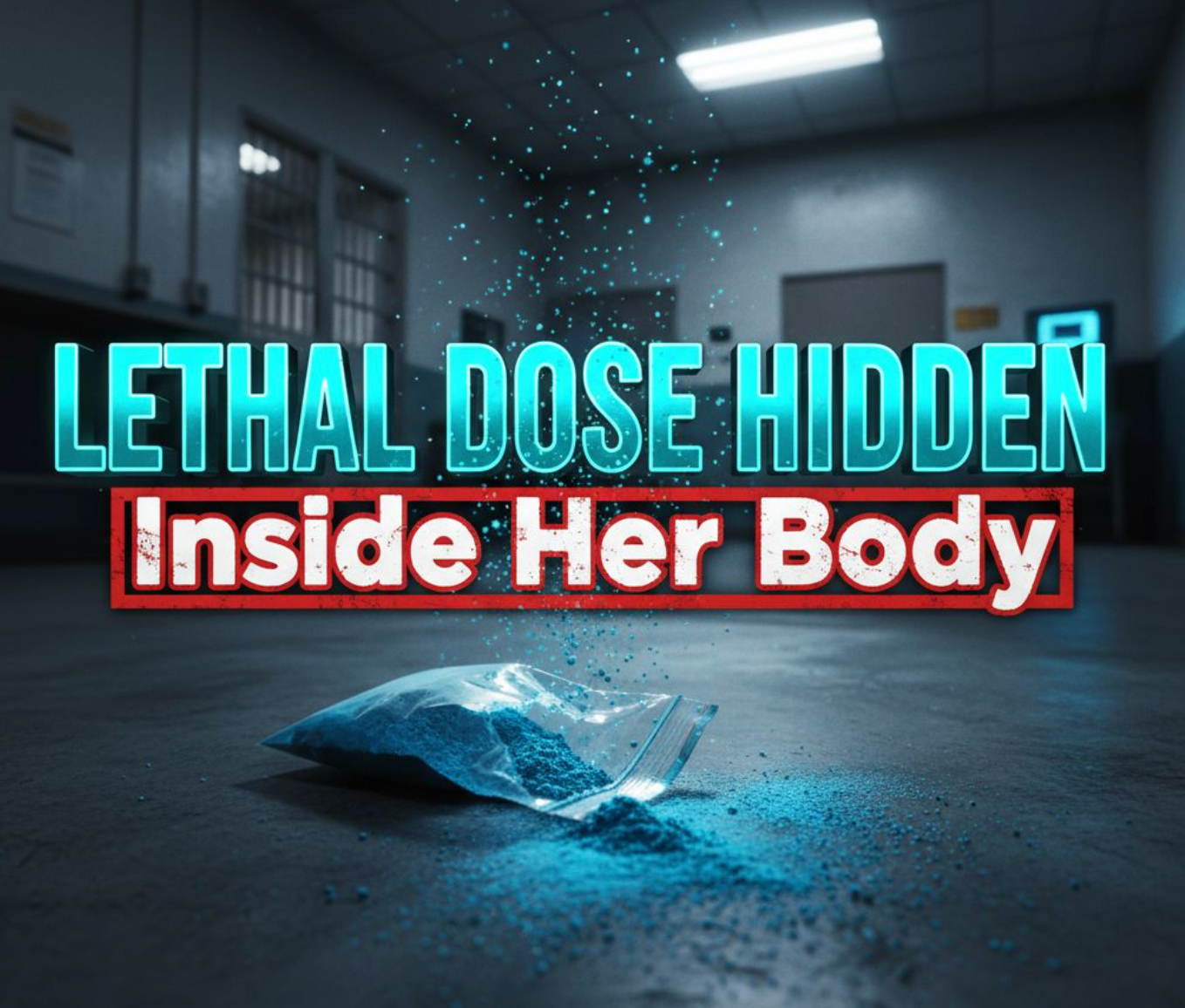 A viral, hyper-realistic YouTube thumbnail with a dark, high-stakes crime atmosphere. The background is the cold, clinical interior of a jail processing room with harsh fluorescent lighting casting long shadows and a faint blue glow from a body scanner screen. The composition uses a dramatic low-angle shot to focus on the main subject: a torn plastic baggie spilling bright blue-tinted fentanyl powder across a concrete floor, with scattered powder particles floating in the air like deadly dust. The image features massive 3D typography with strict hierarchy: The Primary Text reads exactly: 'LETHAL DOSE HIDDEN'. This text is massive, the largest element in the frame, rendered in glowing toxic cyan chrome with subtle particle effects to look like a high-budget 3D render. The Secondary Text reads exactly: 'Inside Her Body'. This text is significantly smaller, positioned below the main text with a thick, warning-red outline border in distressed sticker style. The text materials correspond to the story's concept. Crucial Instruction: There is absolutely NO other text, numbers, watermarks, or subtitles in this image other than these two specific lines. 8k, Unreal Engine 5, cinematic render.