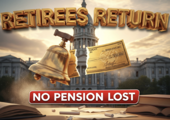 A viral, hyper-realistic YouTube thumbnail with a warm, hopeful education atmosphere. The background is the Colorado State Capitol at golden hour with rays of sunlight breaking through, blended with subtle classroom elements like floating chalk dust and open books in the foreground. The composition uses a dramatic low-angle shot to focus on the main subject: a polished bronze school bell morphing into a golden retirement pension check being torn in half. The image features massive 3D typography with strict hierarchy: The Primary Text reads exactly: 'RETIREES RETURN'. This text is massive, the largest element in the frame, rendered in liquid gold chrome with realistic reflections to look like a high-budget 3D render. The Secondary Text reads exactly: 'NO PENSION LOST'. This text is significantly smaller, positioned below the main text with a thick white glow border and red outline sticker style to pop against the warm background. The text materials correspond to the story's concept. Crucial Instruction: There is absolutely NO other text, numbers, watermarks, or subtitles in this image other than these two specific lines. 8k, Unreal Engine 5, cinematic render