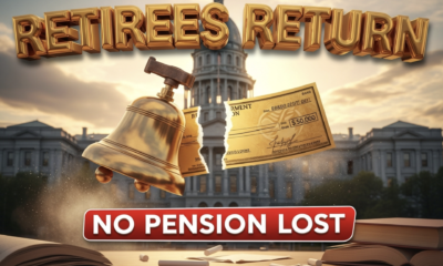 A viral, hyper-realistic YouTube thumbnail with a warm, hopeful education atmosphere. The background is the Colorado State Capitol at golden hour with rays of sunlight breaking through, blended with subtle classroom elements like floating chalk dust and open books in the foreground. The composition uses a dramatic low-angle shot to focus on the main subject: a polished bronze school bell morphing into a golden retirement pension check being torn in half. The image features massive 3D typography with strict hierarchy: The Primary Text reads exactly: 'RETIREES RETURN'. This text is massive, the largest element in the frame, rendered in liquid gold chrome with realistic reflections to look like a high-budget 3D render. The Secondary Text reads exactly: 'NO PENSION LOST'. This text is significantly smaller, positioned below the main text with a thick white glow border and red outline sticker style to pop against the warm background. The text materials correspond to the story's concept. Crucial Instruction: There is absolutely NO other text, numbers, watermarks, or subtitles in this image other than these two specific lines. 8k, Unreal Engine 5, cinematic render