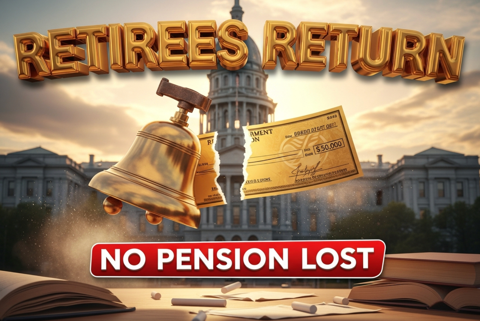 A viral, hyper-realistic YouTube thumbnail with a warm, hopeful education atmosphere. The background is the Colorado State Capitol at golden hour with rays of sunlight breaking through, blended with subtle classroom elements like floating chalk dust and open books in the foreground. The composition uses a dramatic low-angle shot to focus on the main subject: a polished bronze school bell morphing into a golden retirement pension check being torn in half. The image features massive 3D typography with strict hierarchy: The Primary Text reads exactly: 'RETIREES RETURN'. This text is massive, the largest element in the frame, rendered in liquid gold chrome with realistic reflections to look like a high-budget 3D render. The Secondary Text reads exactly: 'NO PENSION LOST'. This text is significantly smaller, positioned below the main text with a thick white glow border and red outline sticker style to pop against the warm background. The text materials correspond to the story's concept. Crucial Instruction: There is absolutely NO other text, numbers, watermarks, or subtitles in this image other than these two specific lines. 8k, Unreal Engine 5, cinematic render