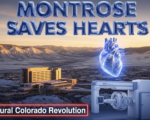 A viral, hyper-realistic YouTube thumbnail with a dramatic medical/tech atmosphere. The background is a vast snowy Western Slope mountain valley at golden hour with a modern hospital building dramatically lit in the foreground. The composition uses a powerful low-angle shot to focus on the main subject: a glowing, chrome-finished human heart floating above an ARTIS icono angiography system. The image features massive 3D typography with strict hierarchy: The Primary Text reads exactly: 'MONTROSE SAVES HEARTS'. This text is massive, the largest element in the frame, rendered in molten medical-blue chrome with realistic light reflections to look like a high-budget 3D render. The Secondary Text reads exactly: 'Rural Colorado Revolution'. This text is significantly smaller, positioned below the main text. It features a thick, glowing red border/outline (sticker style) to contrast against the background. Make sure text 2 is always different theme, style, effect and border compared to text 1. The text materials correspond to the story's concept. Crucial Instruction: There is absolutely NO other text, numbers, watermarks, or subtitles in this image other than these two specific lines. 8k, Unreal Engine 5, cinematic render