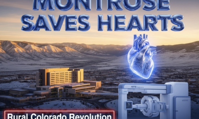 A viral, hyper-realistic YouTube thumbnail with a dramatic medical/tech atmosphere. The background is a vast snowy Western Slope mountain valley at golden hour with a modern hospital building dramatically lit in the foreground. The composition uses a powerful low-angle shot to focus on the main subject: a glowing, chrome-finished human heart floating above an ARTIS icono angiography system. The image features massive 3D typography with strict hierarchy: The Primary Text reads exactly: 'MONTROSE SAVES HEARTS'. This text is massive, the largest element in the frame, rendered in molten medical-blue chrome with realistic light reflections to look like a high-budget 3D render. The Secondary Text reads exactly: 'Rural Colorado Revolution'. This text is significantly smaller, positioned below the main text. It features a thick, glowing red border/outline (sticker style) to contrast against the background. Make sure text 2 is always different theme, style, effect and border compared to text 1. The text materials correspond to the story's concept. Crucial Instruction: There is absolutely NO other text, numbers, watermarks, or subtitles in this image other than these two specific lines. 8k, Unreal Engine 5, cinematic render