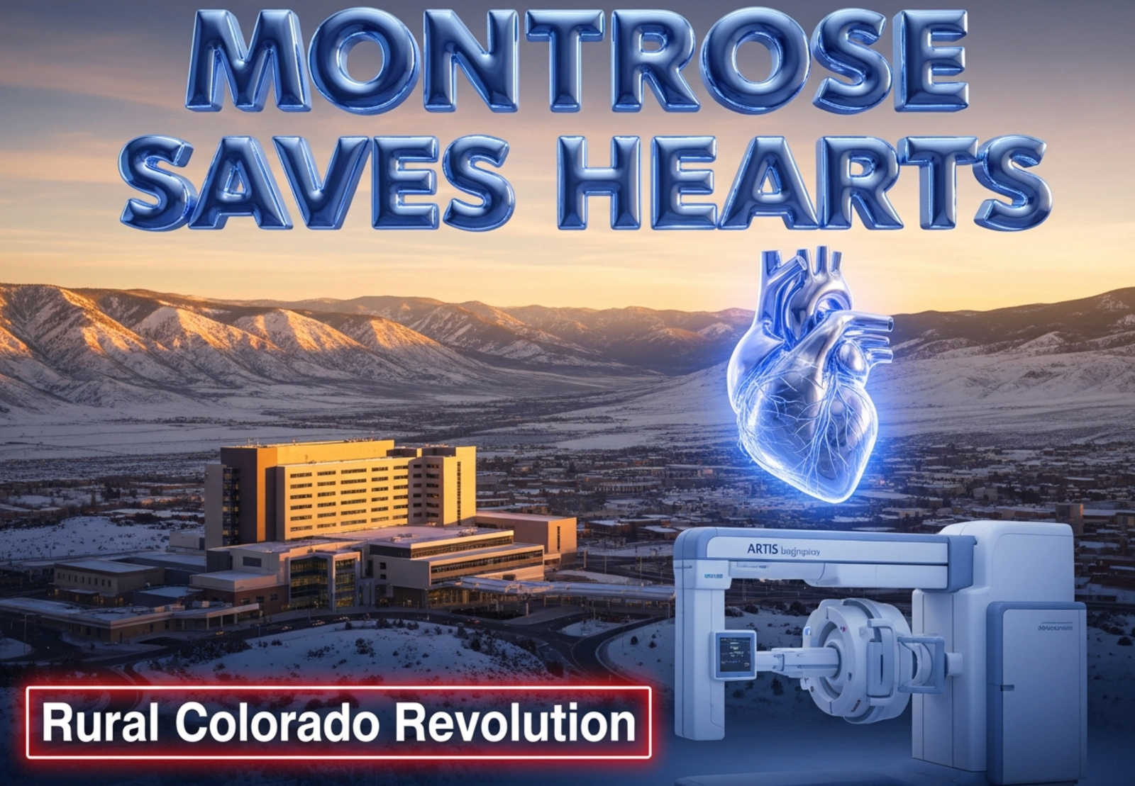 A viral, hyper-realistic YouTube thumbnail with a dramatic medical/tech atmosphere. The background is a vast snowy Western Slope mountain valley at golden hour with a modern hospital building dramatically lit in the foreground. The composition uses a powerful low-angle shot to focus on the main subject: a glowing, chrome-finished human heart floating above an ARTIS icono angiography system. The image features massive 3D typography with strict hierarchy: The Primary Text reads exactly: 'MONTROSE SAVES HEARTS'. This text is massive, the largest element in the frame, rendered in molten medical-blue chrome with realistic light reflections to look like a high-budget 3D render. The Secondary Text reads exactly: 'Rural Colorado Revolution'. This text is significantly smaller, positioned below the main text. It features a thick, glowing red border/outline (sticker style) to contrast against the background. Make sure text 2 is always different theme, style, effect and border compared to text 1. The text materials correspond to the story's concept. Crucial Instruction: There is absolutely NO other text, numbers, watermarks, or subtitles in this image other than these two specific lines. 8k, Unreal Engine 5, cinematic render