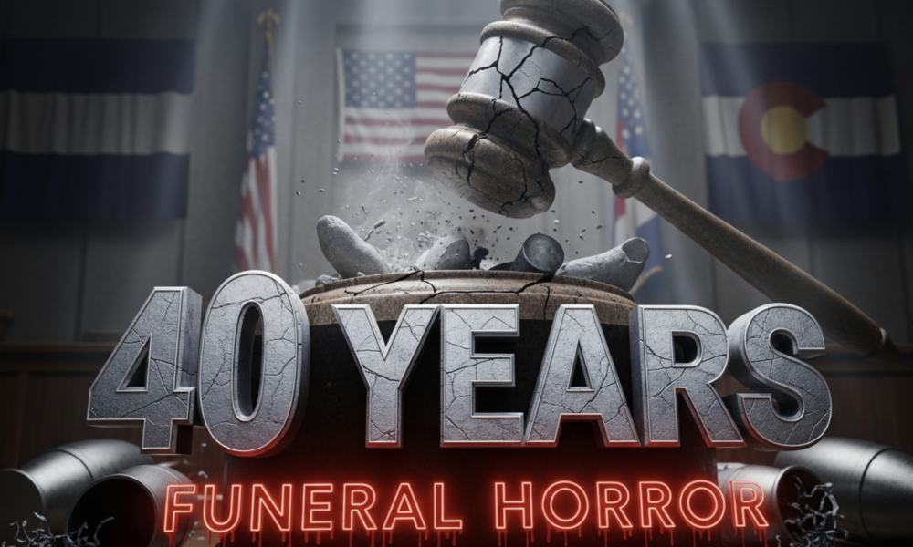 A viral, hyper-realistic YouTube thumbnail with a dark, somber courtroom atmosphere. The background is a dimly lit Colorado courtroom with American and state flags barely visible through thick shadows and dramatic god rays cutting through dust. The composition uses a low-angle shot to focus on the main subject: a massive, cracked granite gavel slamming down onto a pile of scattered funeral urns spilling ashes. The image features massive 3D typography with strict hierarchy: The Primary Text reads exactly: '40 YEARS'. This text is massive, the largest element in the frame, rendered in cold brushed steel with deep engraving and realistic courtroom lighting reflections. The Secondary Text reads exactly: 'FUNERAL HORROR'. This text is significantly smaller, positioned below the main text with a blood-red glowing outline and subtle dripping effect to contrast against the dark background. The text materials correspond to the story's concept. Crucial Instruction: There is absolutely NO other text, numbers, watermarks, or subtitles in this image other than these two specific lines. 8k, Unreal Engine 5, cinematic render.