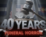A viral, hyper-realistic YouTube thumbnail with a dark, somber courtroom atmosphere. The background is a dimly lit Colorado courtroom with American and state flags barely visible through thick shadows and dramatic god rays cutting through dust. The composition uses a low-angle shot to focus on the main subject: a massive, cracked granite gavel slamming down onto a pile of scattered funeral urns spilling ashes. The image features massive 3D typography with strict hierarchy: The Primary Text reads exactly: '40 YEARS'. This text is massive, the largest element in the frame, rendered in cold brushed steel with deep engraving and realistic courtroom lighting reflections. The Secondary Text reads exactly: 'FUNERAL HORROR'. This text is significantly smaller, positioned below the main text with a blood-red glowing outline and subtle dripping effect to contrast against the dark background. The text materials correspond to the story's concept. Crucial Instruction: There is absolutely NO other text, numbers, watermarks, or subtitles in this image other than these two specific lines. 8k, Unreal Engine 5, cinematic render.