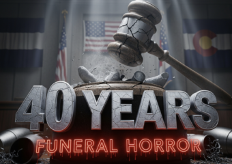 A viral, hyper-realistic YouTube thumbnail with a dark, somber courtroom atmosphere. The background is a dimly lit Colorado courtroom with American and state flags barely visible through thick shadows and dramatic god rays cutting through dust. The composition uses a low-angle shot to focus on the main subject: a massive, cracked granite gavel slamming down onto a pile of scattered funeral urns spilling ashes. The image features massive 3D typography with strict hierarchy: The Primary Text reads exactly: '40 YEARS'. This text is massive, the largest element in the frame, rendered in cold brushed steel with deep engraving and realistic courtroom lighting reflections. The Secondary Text reads exactly: 'FUNERAL HORROR'. This text is significantly smaller, positioned below the main text with a blood-red glowing outline and subtle dripping effect to contrast against the dark background. The text materials correspond to the story's concept. Crucial Instruction: There is absolutely NO other text, numbers, watermarks, or subtitles in this image other than these two specific lines. 8k, Unreal Engine 5, cinematic render.