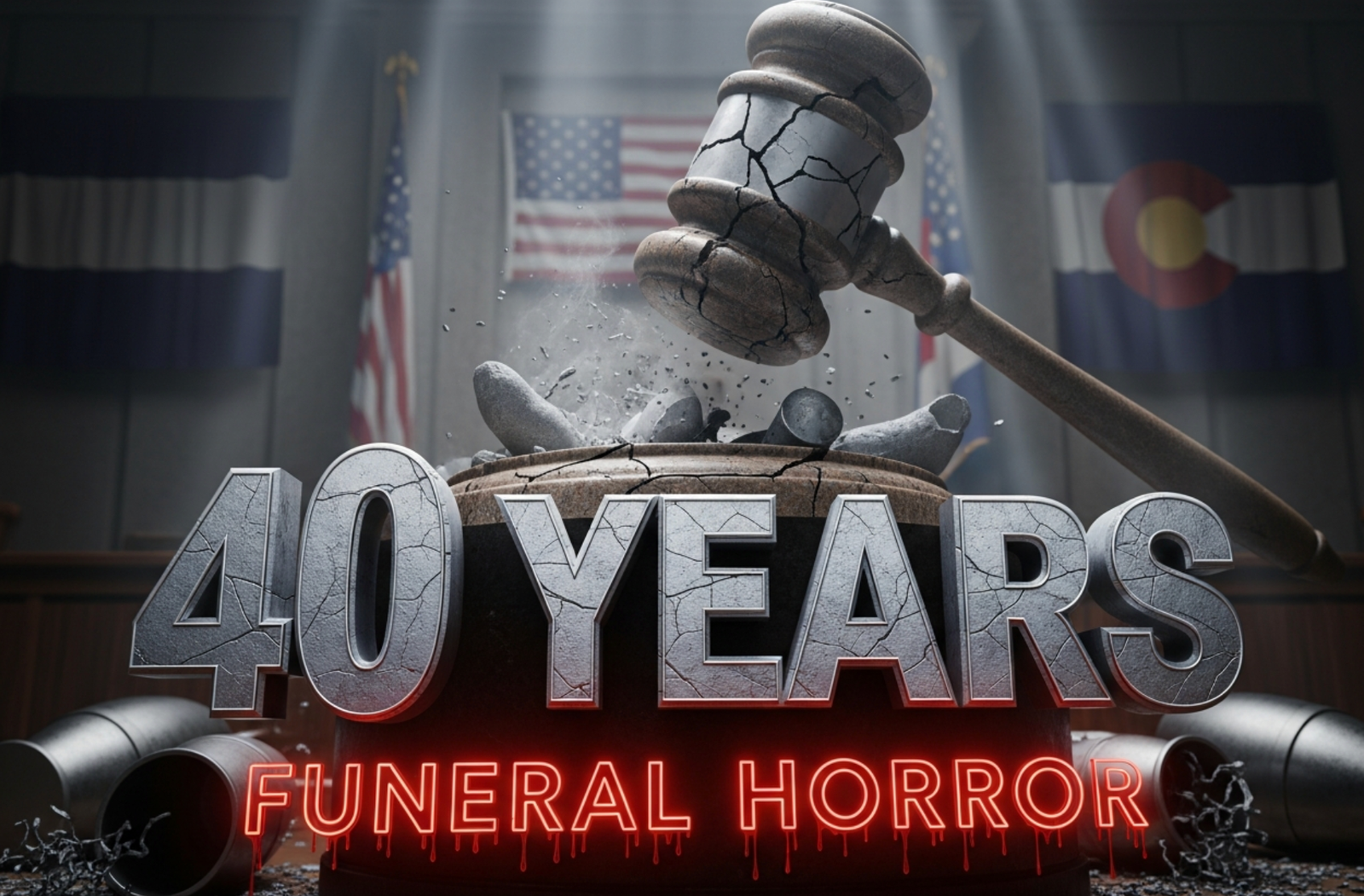 A viral, hyper-realistic YouTube thumbnail with a dark, somber courtroom atmosphere. The background is a dimly lit Colorado courtroom with American and state flags barely visible through thick shadows and dramatic god rays cutting through dust. The composition uses a low-angle shot to focus on the main subject: a massive, cracked granite gavel slamming down onto a pile of scattered funeral urns spilling ashes. The image features massive 3D typography with strict hierarchy: The Primary Text reads exactly: '40 YEARS'. This text is massive, the largest element in the frame, rendered in cold brushed steel with deep engraving and realistic courtroom lighting reflections. The Secondary Text reads exactly: 'FUNERAL HORROR'. This text is significantly smaller, positioned below the main text with a blood-red glowing outline and subtle dripping effect to contrast against the dark background. The text materials correspond to the story's concept. Crucial Instruction: There is absolutely NO other text, numbers, watermarks, or subtitles in this image other than these two specific lines. 8k, Unreal Engine 5, cinematic render.