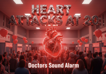 A viral, hyper-realistic YouTube thumbnail with a dramatic red medical atmosphere. The background is a packed hospital gymnasium filled with heart health fair booths, red balloons, and worried young faces blurred in motion with intense crimson emergency lighting. The composition uses a low dramatic angle to focus on the main subject: a glowing red human heart made of cracked glass floating above the crowd. The image features massive 3D typography with strict hierarchy: The Primary Text reads exactly: 'HEART ATTACKS AT 20'. This text is massive, the largest element in the frame, rendered in shattered chrome with pulsing red veins running through the letters like a high-budget 3D render. The Secondary Text reads exactly: 'Doctors Sound Alarm'. This text is significantly smaller, positioned below the main text with thick white glow border and electric blue outline sticker style. Make sure text 2 is always different theme, style, effect and border compared to text 1. There is absolutely NO other text, numbers, watermarks, or subtitles in this image other than these two specific lines. 8k, Unreal Engine 5, cinematic render