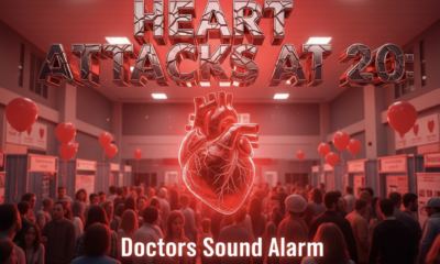 A viral, hyper-realistic YouTube thumbnail with a dramatic red medical atmosphere. The background is a packed hospital gymnasium filled with heart health fair booths, red balloons, and worried young faces blurred in motion with intense crimson emergency lighting. The composition uses a low dramatic angle to focus on the main subject: a glowing red human heart made of cracked glass floating above the crowd. The image features massive 3D typography with strict hierarchy: The Primary Text reads exactly: 'HEART ATTACKS AT 20'. This text is massive, the largest element in the frame, rendered in shattered chrome with pulsing red veins running through the letters like a high-budget 3D render. The Secondary Text reads exactly: 'Doctors Sound Alarm'. This text is significantly smaller, positioned below the main text with thick white glow border and electric blue outline sticker style. Make sure text 2 is always different theme, style, effect and border compared to text 1. There is absolutely NO other text, numbers, watermarks, or subtitles in this image other than these two specific lines. 8k, Unreal Engine 5, cinematic render