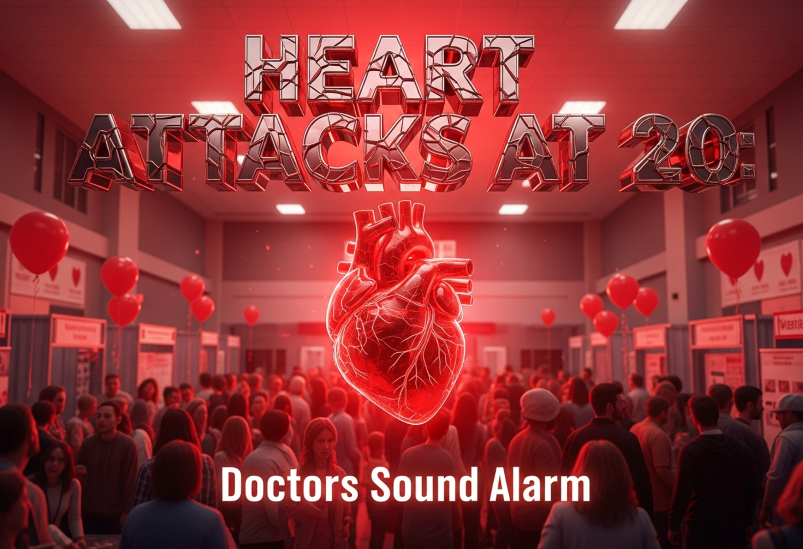 A viral, hyper-realistic YouTube thumbnail with a dramatic red medical atmosphere. The background is a packed hospital gymnasium filled with heart health fair booths, red balloons, and worried young faces blurred in motion with intense crimson emergency lighting. The composition uses a low dramatic angle to focus on the main subject: a glowing red human heart made of cracked glass floating above the crowd. The image features massive 3D typography with strict hierarchy: The Primary Text reads exactly: 'HEART ATTACKS AT 20'. This text is massive, the largest element in the frame, rendered in shattered chrome with pulsing red veins running through the letters like a high-budget 3D render. The Secondary Text reads exactly: 'Doctors Sound Alarm'. This text is significantly smaller, positioned below the main text with thick white glow border and electric blue outline sticker style. Make sure text 2 is always different theme, style, effect and border compared to text 1. There is absolutely NO other text, numbers, watermarks, or subtitles in this image other than these two specific lines. 8k, Unreal Engine 5, cinematic render